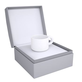 Coffee cup in open gift box. 3d render isolated on white background