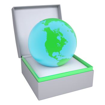 Earth in open gift box. 3d render isolated on white background