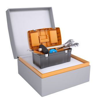Toolbox in open gift box. 3d render isolated on white background