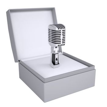 Old microphone in open gift box. 3d render isolated on white background