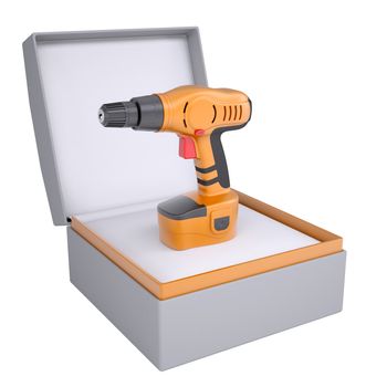 Electric screwdriver in open gift box. 3d render isolated on white background
