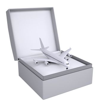 Airplane in open gift box. 3d render isolated on white background