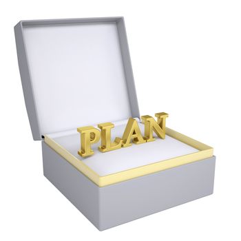 Gold word PLAN in open gift box. 3d render isolated on white background