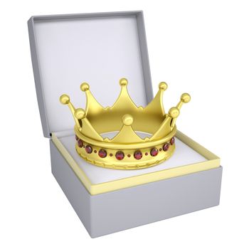 Crown in open gift box. 3d render isolated on white background