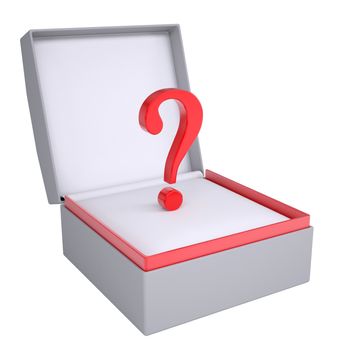 Question in open gift box. 3d render isolated on white background