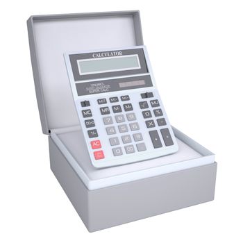 Calculator in open gift box. 3d render isolated on white background