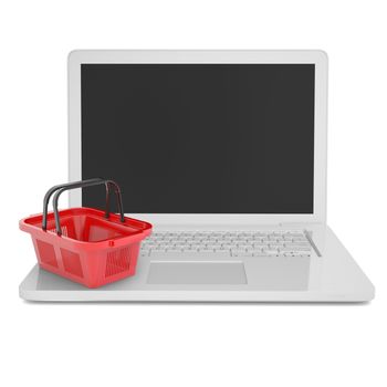 Laptop and basket for purchasings. 3d render