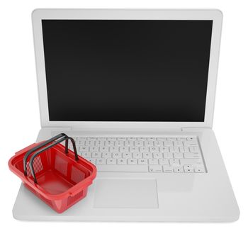 Laptop and basket for purchasings. 3d render