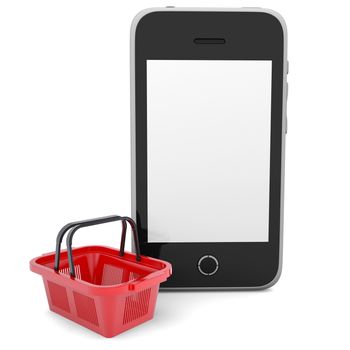 Smartphone and basket for purchasings. 3d render