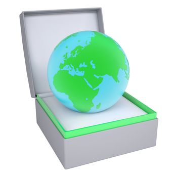 Earth in open gift box. 3d render isolated on white background