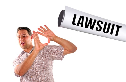 young man being slapped with lawsuit on white background