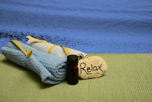 relax with wellness spa products and ocean for aromatherapy meditation