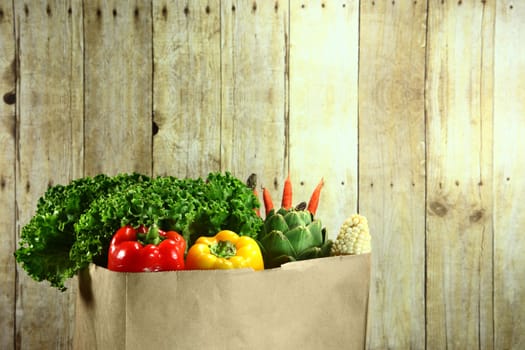 Bagged Grocery Produce Items on a Wooden Plank