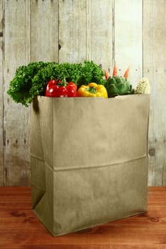 Bagged Grocery Produce Items on a Wooden Plank