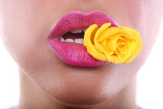 Beautiful Woman With Sensual Lips Holding Flower in Mouth