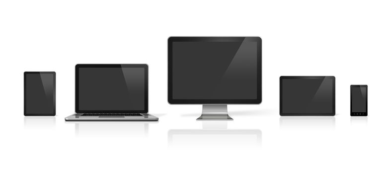 3D computer, laptop, mobile phone and digital tablet pc - isolated on white with clipping path