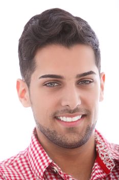 Head portrait of a smiling handsome unshaven young man in a red checked shirt isolated on white