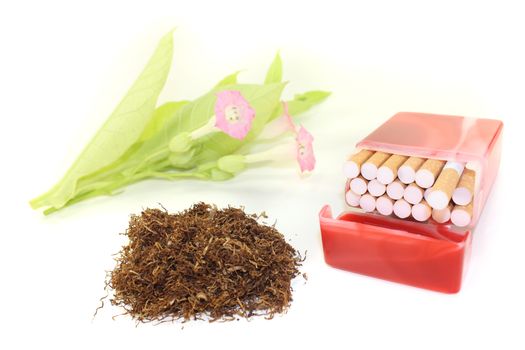 Tobacco with cigarettes case and blossoms on a light background