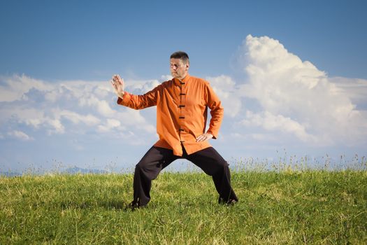 A man doing Qi-Gong in the green nature