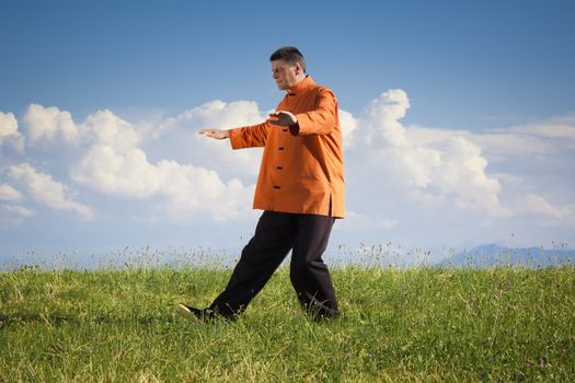 A man doing Qi-Gong in the green nature