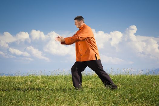 A man doing Qi-Gong in the green nature