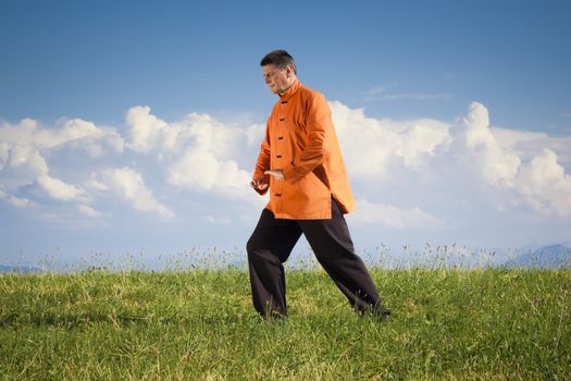 A man doing Qi-Gong in the green nature