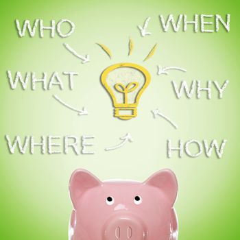 Piggy bank with idea light bulb and who what where when why and how