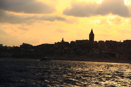 silhoutte of istanbul city with sea and mosque view