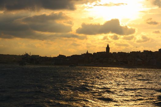 silhoutte of istanbul city with sea and mosque view