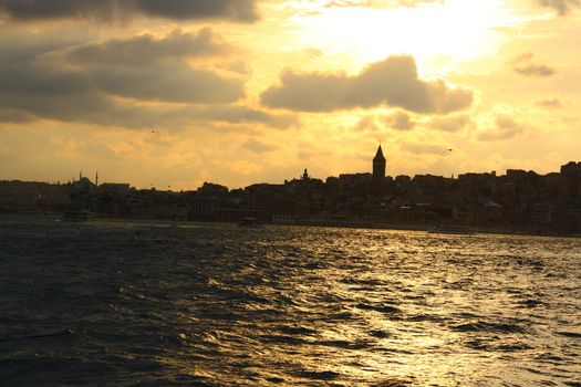 silhoutte of istanbul city with sea and mosque view