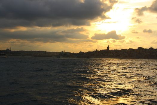 silhoutte of istanbul city with sea and mosque view