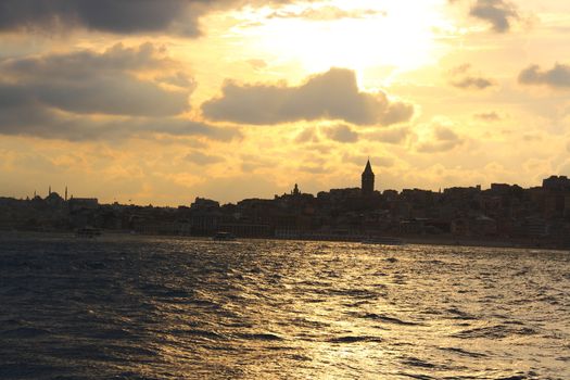 silhoutte of istanbul city with sea and mosque view