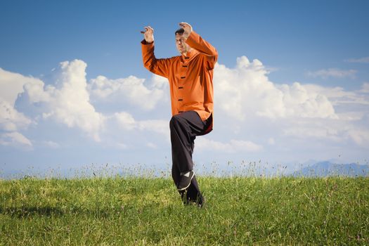 A man doing Qi-Gong in the green nature