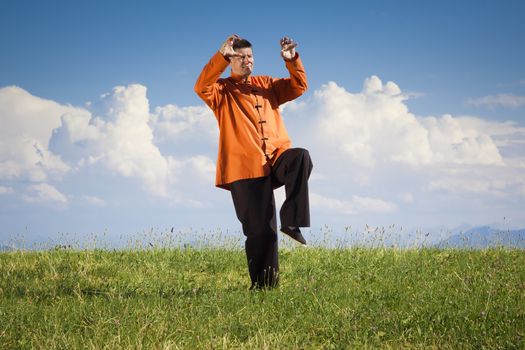 A man doing Qi-Gong in the green nature