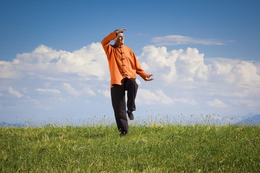 A man doing Qi-Gong in the green nature