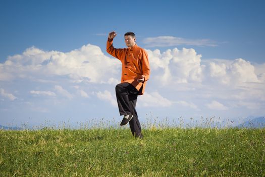 A man doing Qi-Gong in the green nature