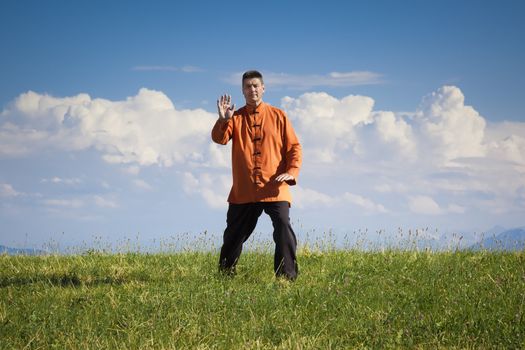 A man doing Qi-Gong in the green nature