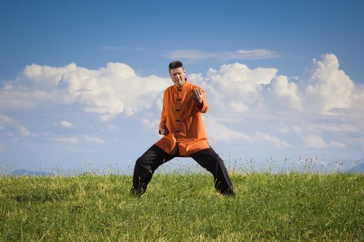 A man doing Qi-Gong in the green nature