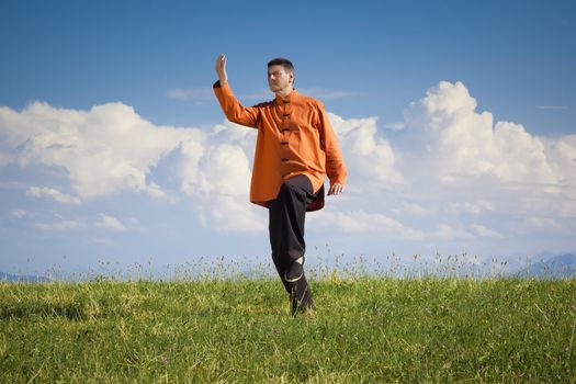 A man doing Qi-Gong in the green nature