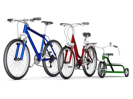 men's, women's and children's bikes on a white background