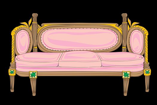 Classical style sofa hand drawn illustration, cartoon over a black background