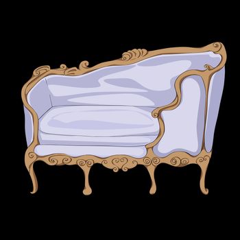 Rococo sofa hand drawn illustration, cartoon over a black background