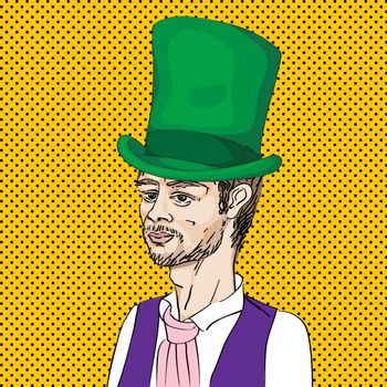 Portrait of a 19-th century romantic young man with green topper, hand drawn illustration aver a pop art comics background