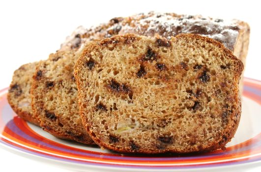 Background of delightful fresh baked banana and chocolate chip cake.