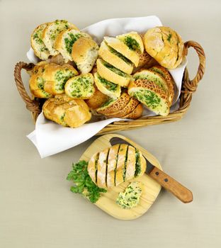 Fresh baked sliced herb and garlic rolls straight from the oven.