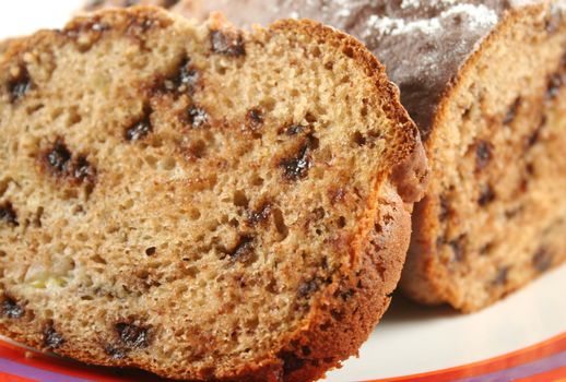 Background of delightful fresh baked banana and chocolate chip cake.