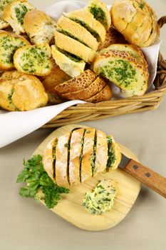 Fresh baked sliced herb and garlic rolls straight from the oven.