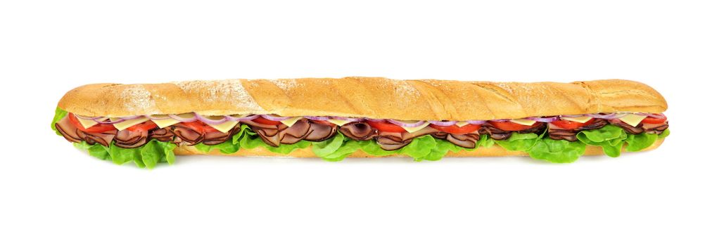 Giant ham, tomato, lettuce, cheese and onion sub ready to serve.