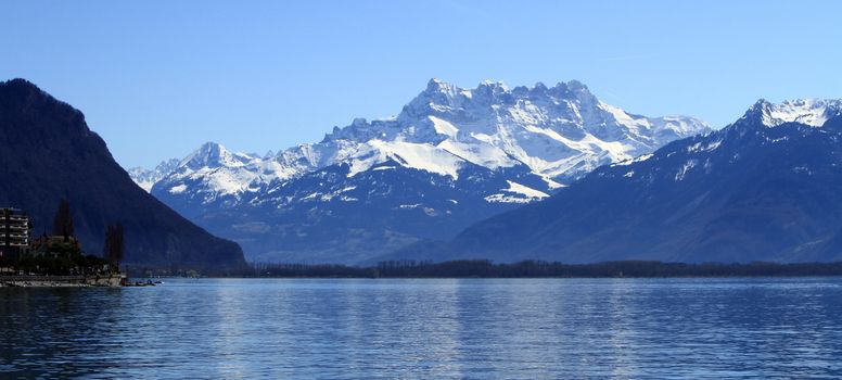 View on Aravis mountains from Geneva lake, Montreux, Switzerland