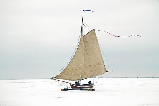Ice sailing on the Gouwzee in the Netherlands in winter